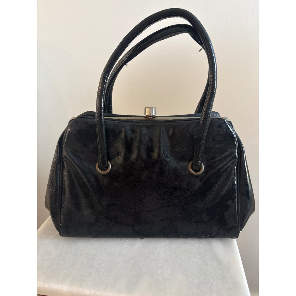 Vintage Black Patent Faux Leather Top Handle Handbag Metal Frame Clasp Closure
